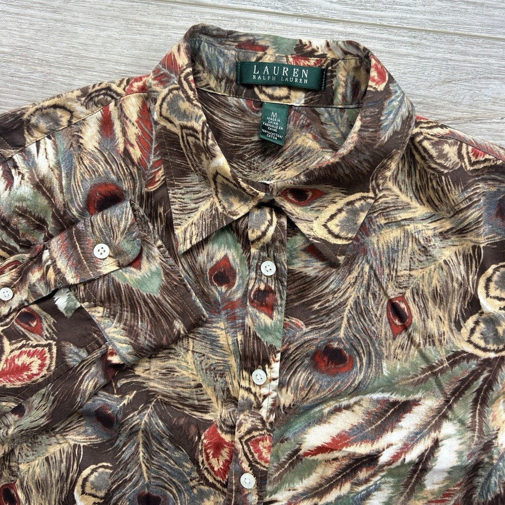 Vintage Ralph Lauren Medium Western Indian Peacock Feathers Paisley Button Up